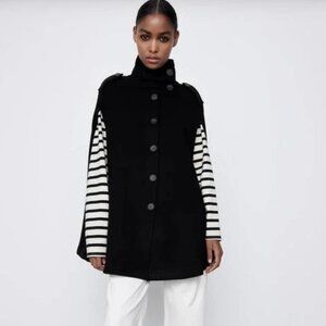 Zara LARGE Black High Collar Button Front Knit Cape